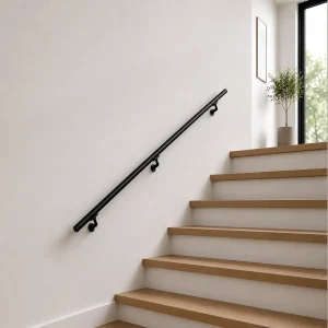 Kit pasamanos redondo para escalera de aluminio instalado en pared con soportes y acabado negro