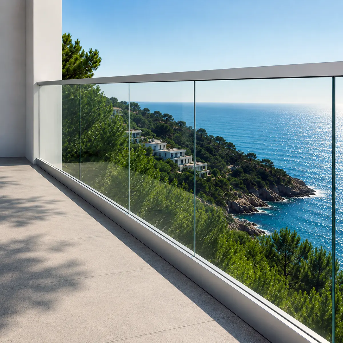 Barandilla de cristal con pasamanos de aluminio instalado en terraza con vistas al mar