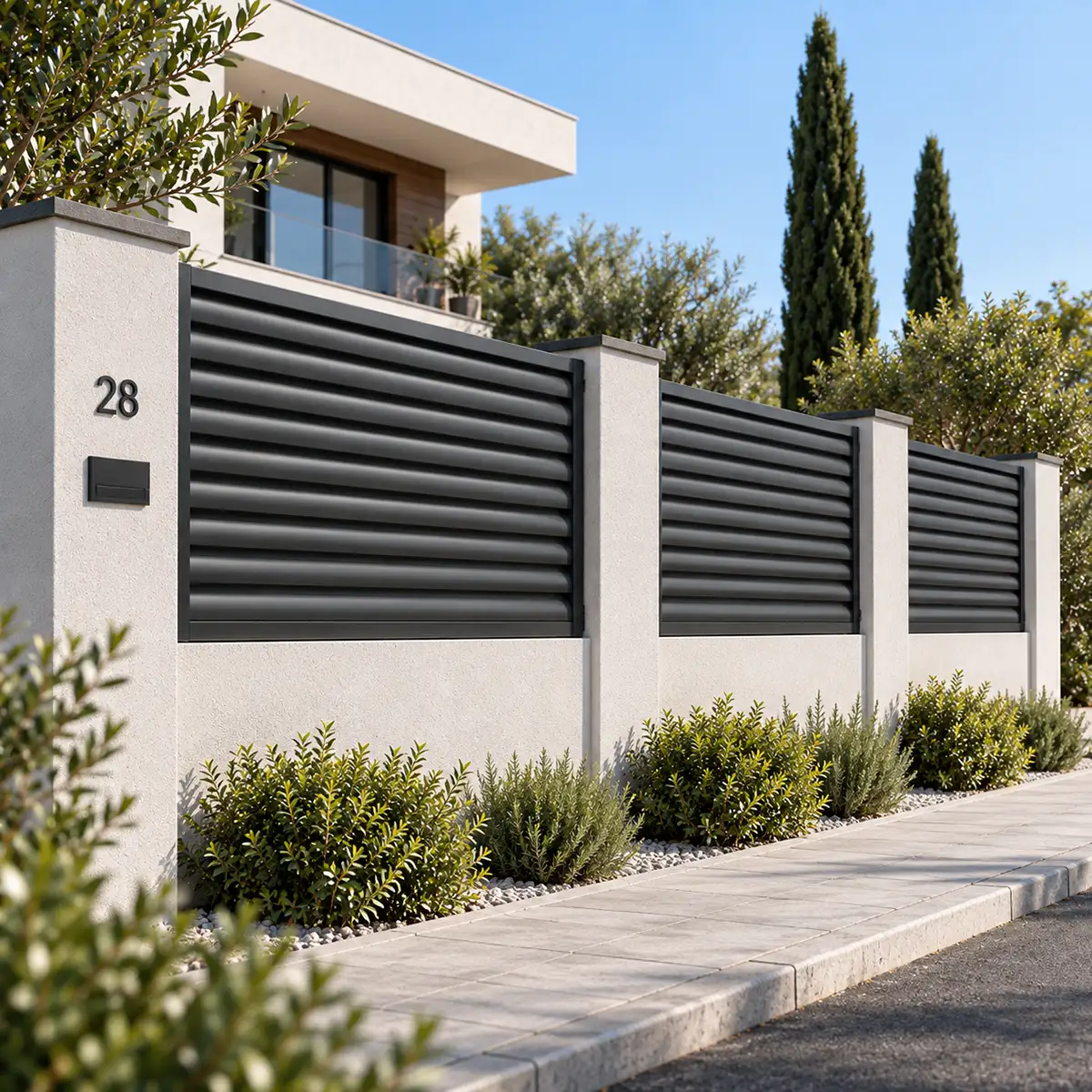 Valla exterior con módulos de celosía de aluminio de lama curva fija entre pilares
